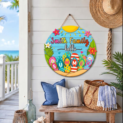 Custom Hello Summer Door Sign, Coastal Wooden Door Hanger