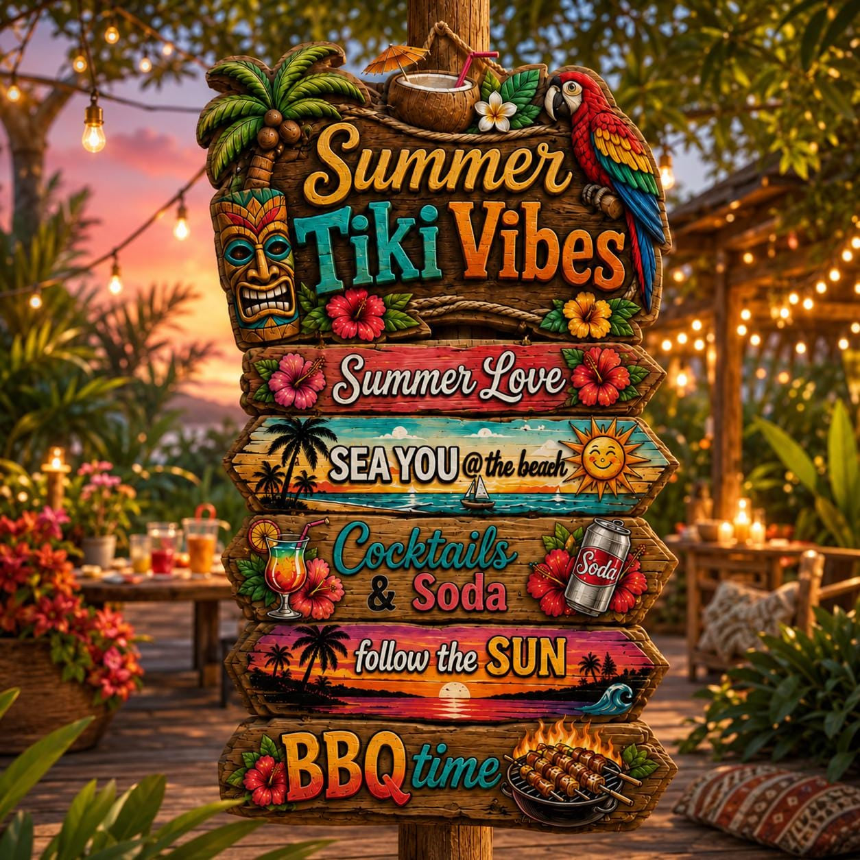 Summer Tiki Vibes Directional Sign Tropical Beach Party Wooden Decor
