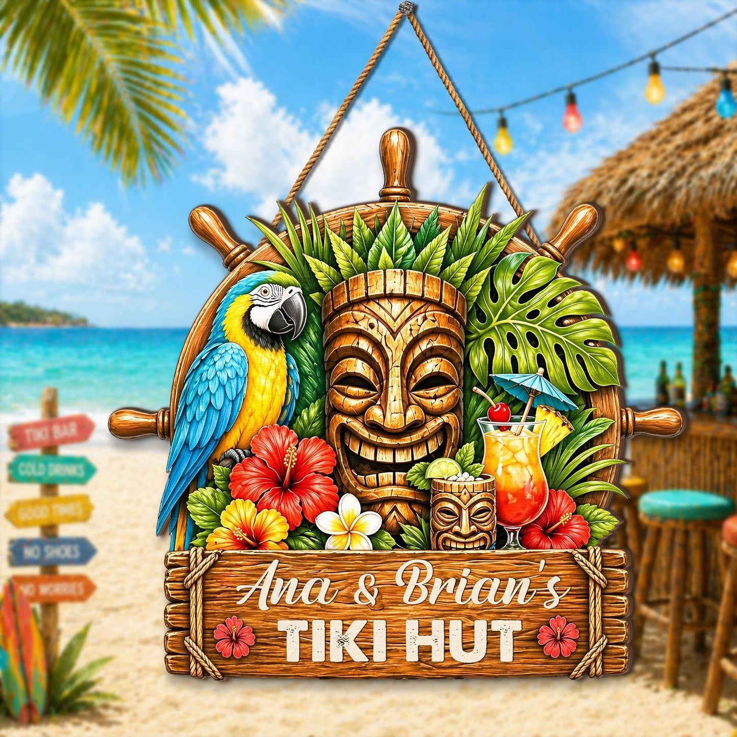 Custom Tropical Beach Bar Decor, Parrot Nautical Tiki Hut Wooden Hanging Sign