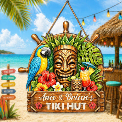 Custom Tropical Beach Bar Decor, Parrot Nautical Tiki Hut Wooden Hanging Sign