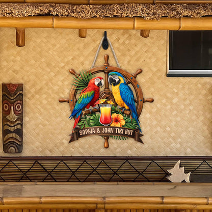 Personalized Parrot Tiki Bar Sign, Tropical Macaw Couple Summer Decor, Wooden Hanger