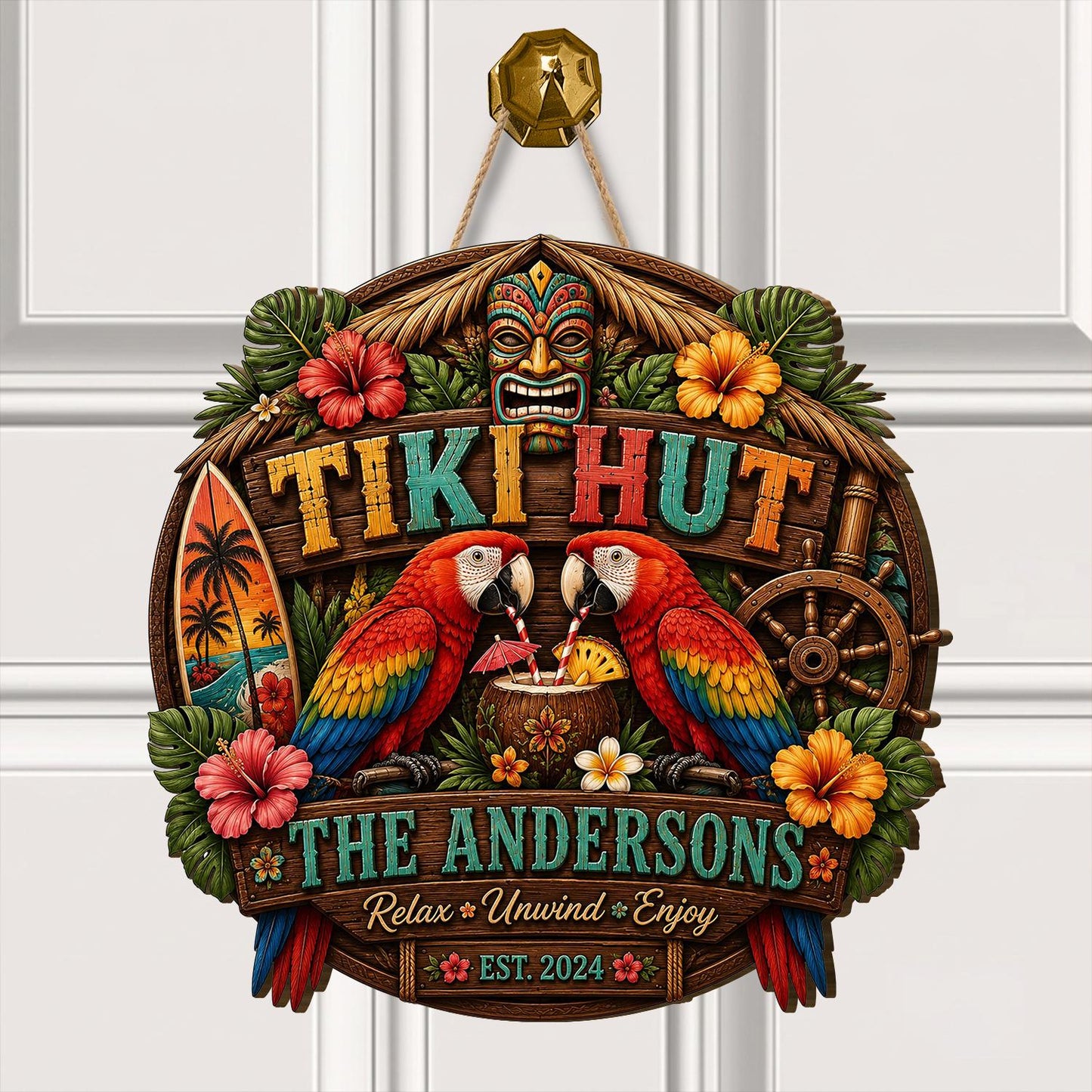 Personalized Tiki Hut, Tropical Macaw, Family Beach Bar Door Sign