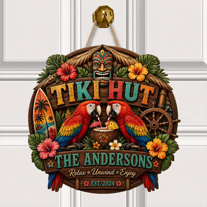 Personalized Tiki Hut, Tropical Macaw, Family Beach Bar Door Sign