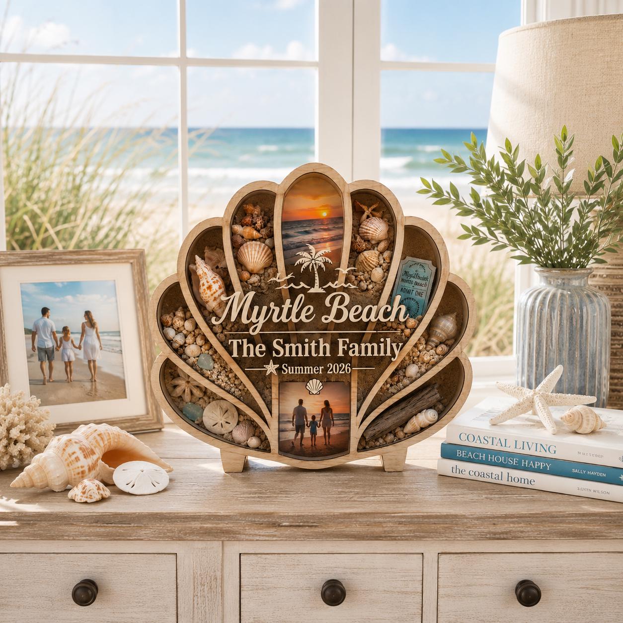 Personalized Seashell Keepsake Display, Add Your Own Shells Sand & Family Photos