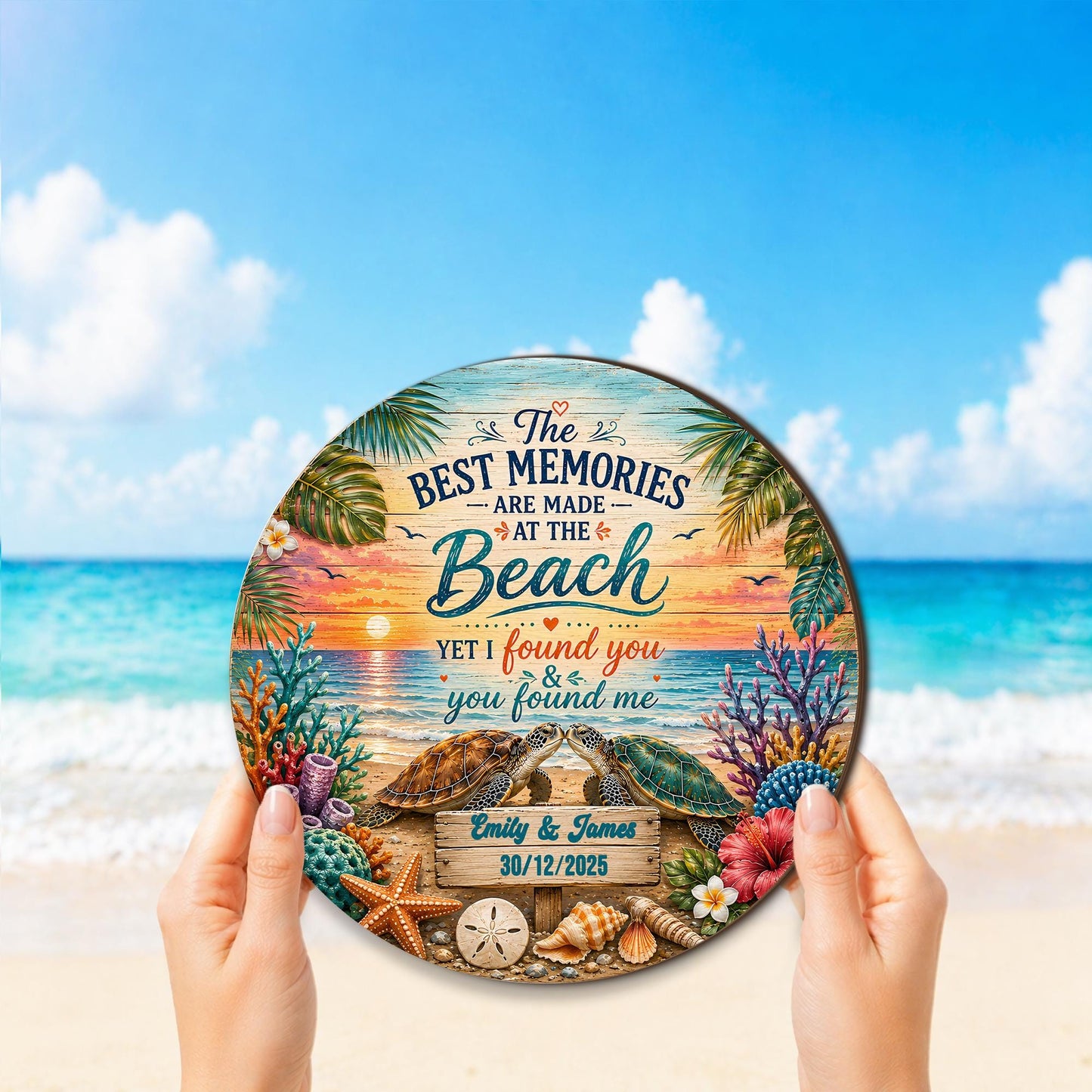 Custom Couple Sea Turtle Beach Memories Wooden Hanging Sign