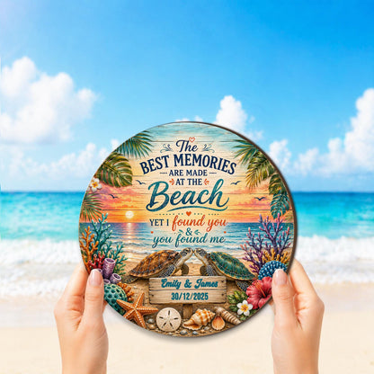 Custom Couple Sea Turtle Beach Memories Wooden Hanging Sign
