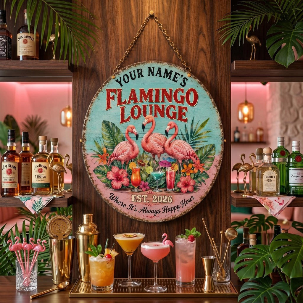 Personalized Flamingo Lounge Wood Sign