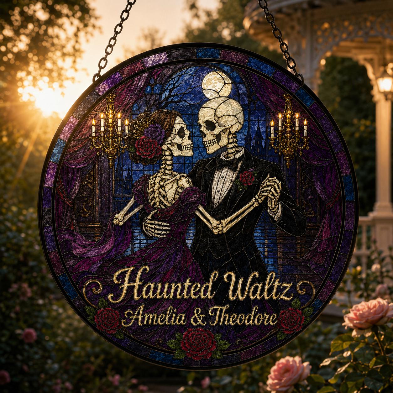 Custom Skull Couple Stained Glass Window Hanging