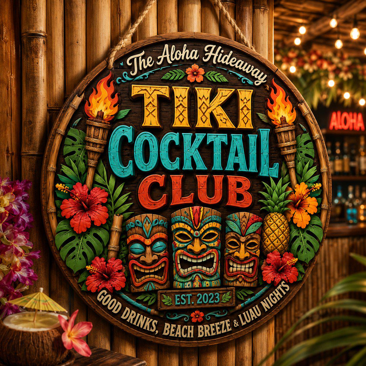 Custom Tropical Beach Tiki Hut Wooden Hanging Sign