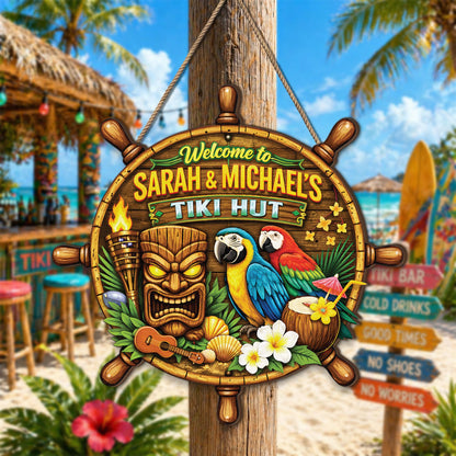 Personalized Tropical Beach Bar Wooden Sign, Parrot Tiki Mask Art