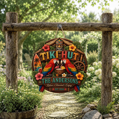 Personalized Tiki Hut, Tropical Macaw, Family Beach Bar Door Sign