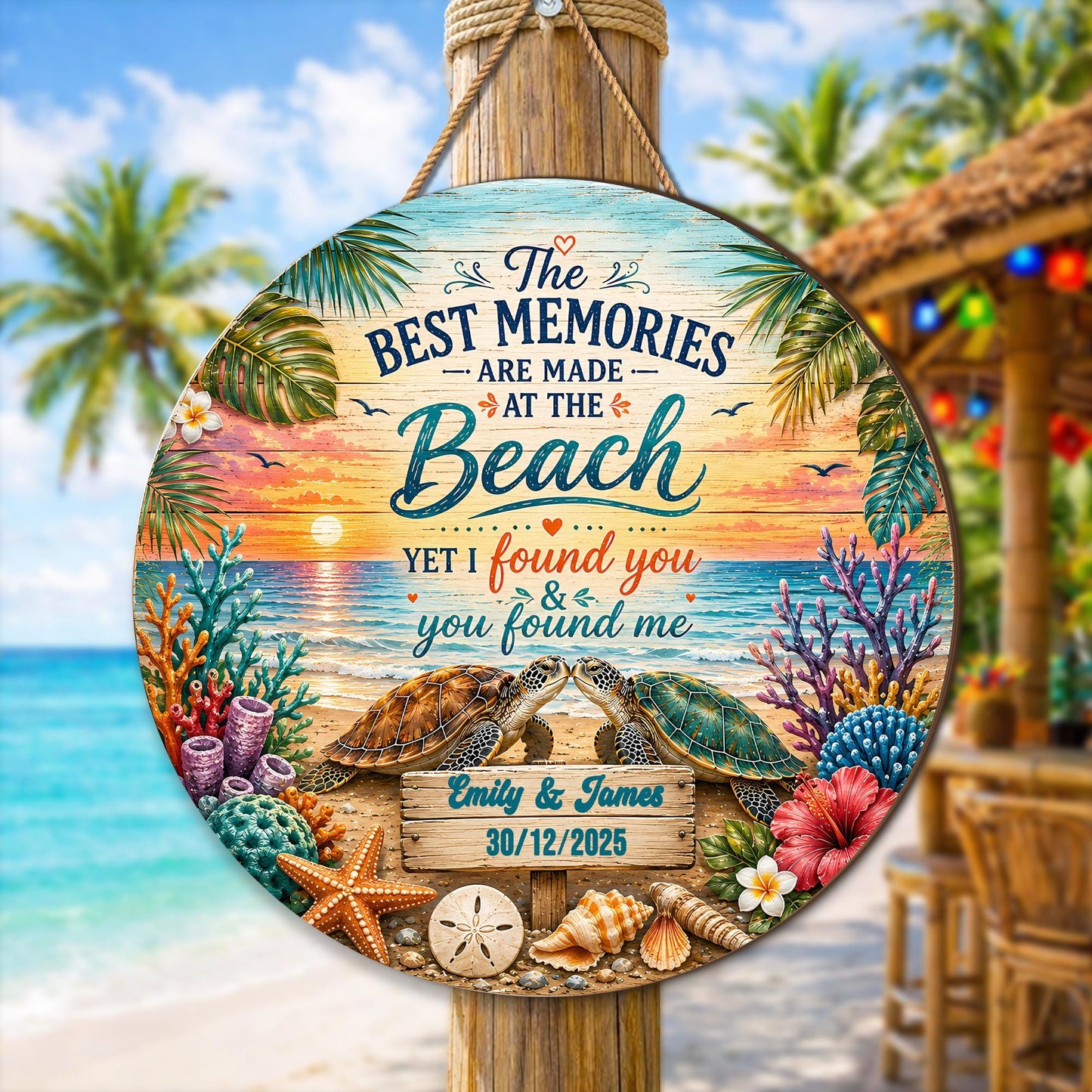 Custom Couple Sea Turtle Beach Memories Wooden Hanging Sign