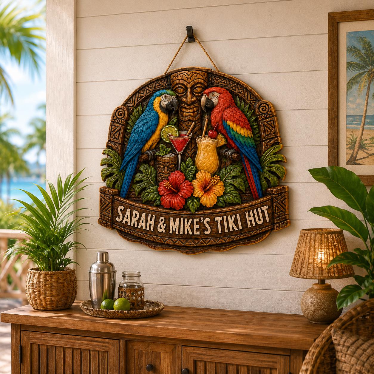 CUSTOMIZABLE Tropical Parrot Beach Hut Wood Sign