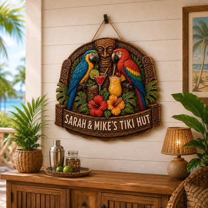 CUSTOMIZABLE Tropical Parrot Beach Hut Wood Sign