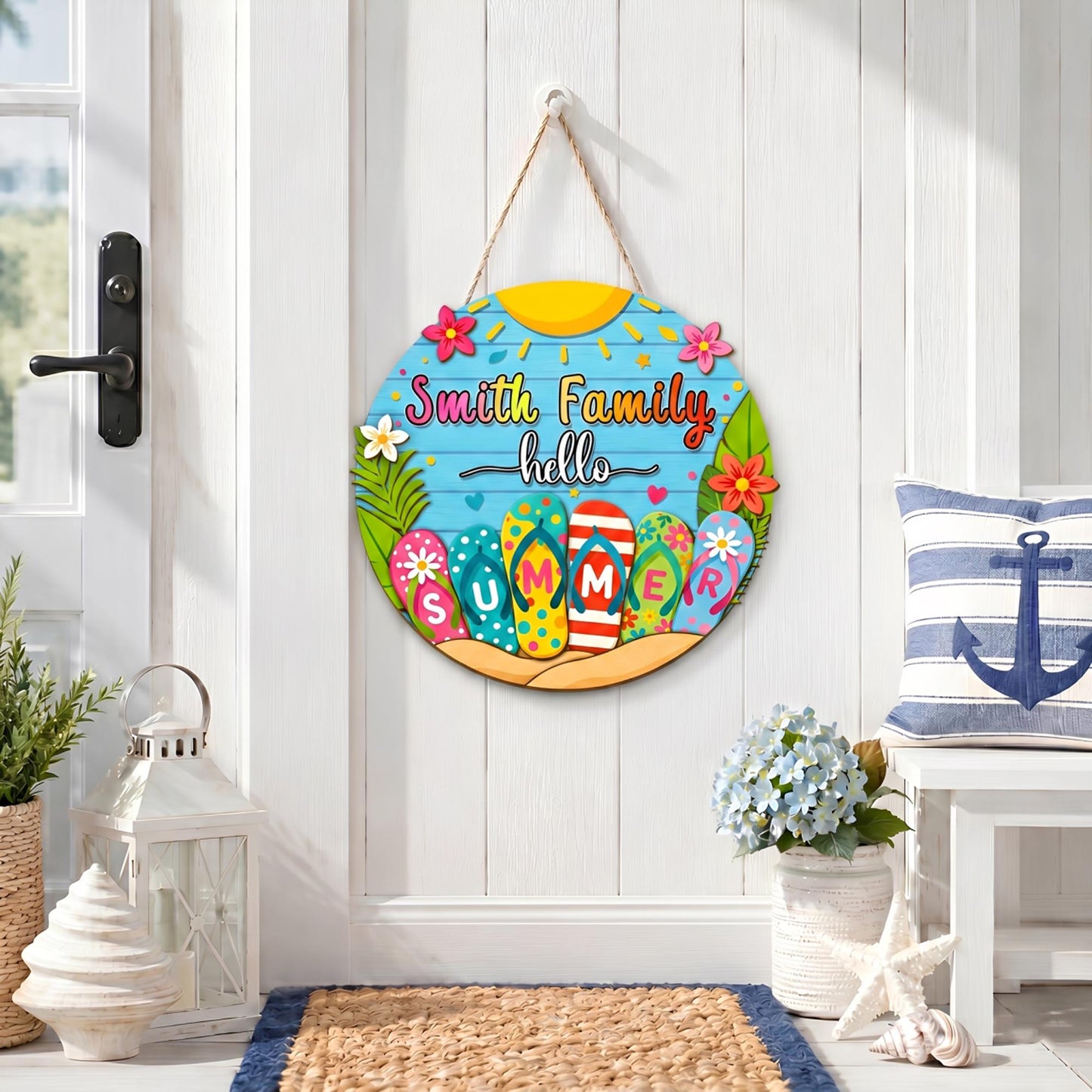 Custom Hello Summer Door Sign, Coastal Wooden Door Hanger