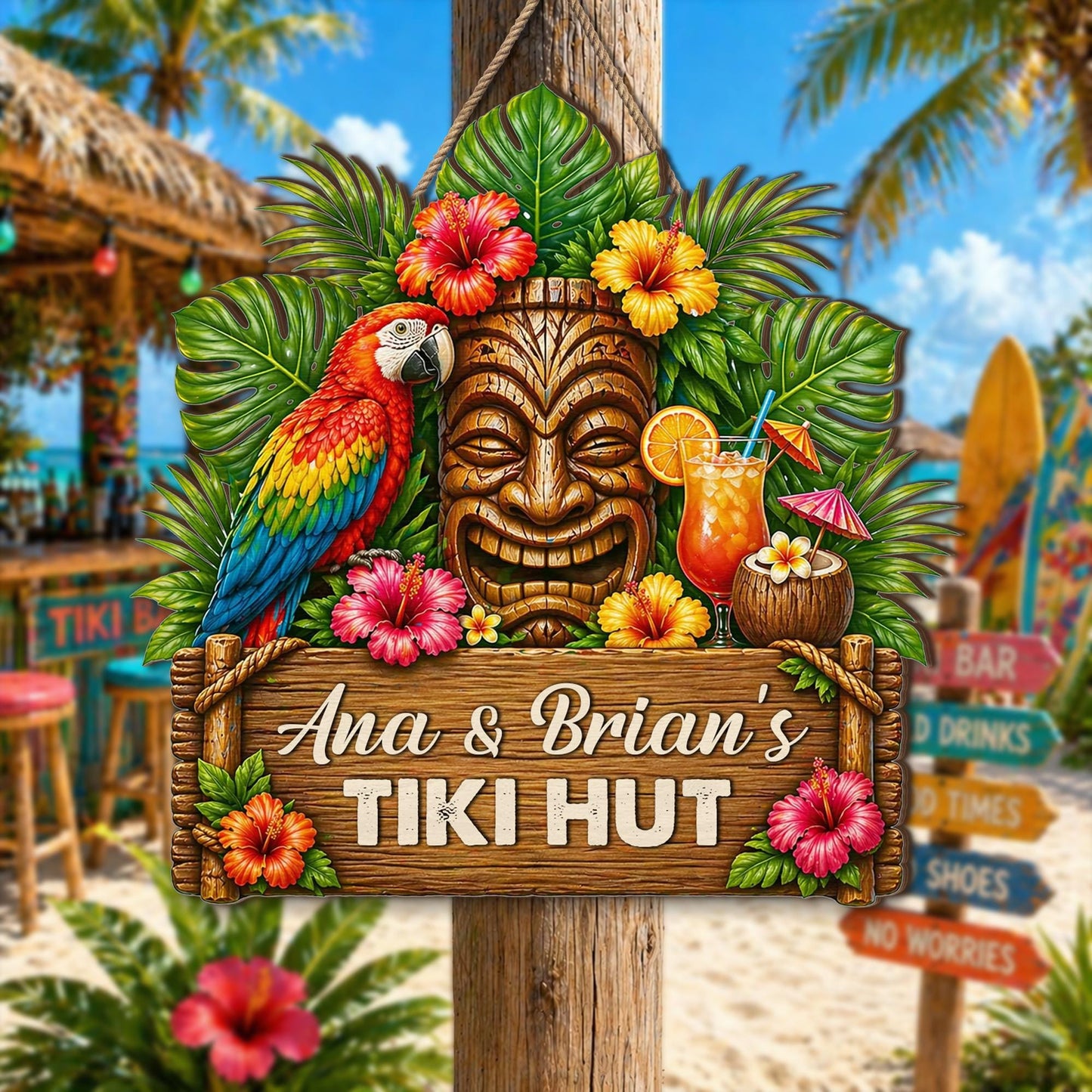 Custom Tropical Beach Tiki Bar Wooden Hanging Sign