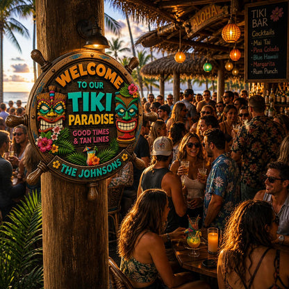 Custom Family Beach House Paradise Wooden Plaque, Hawaiian Luau Party Patio Sign