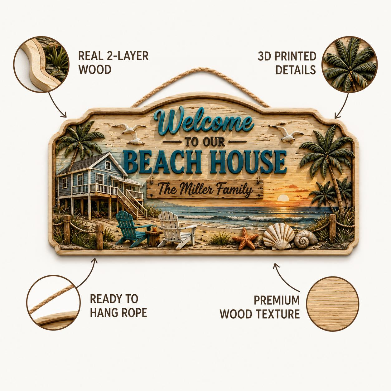 Custom Family Name Beach Wall Decor Coastal Wooden Hanging Sign