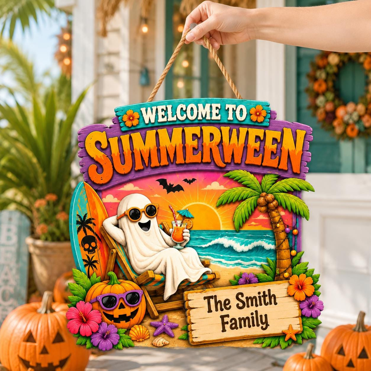 Custom Summerween Beach Wooden Hanging Door Sign