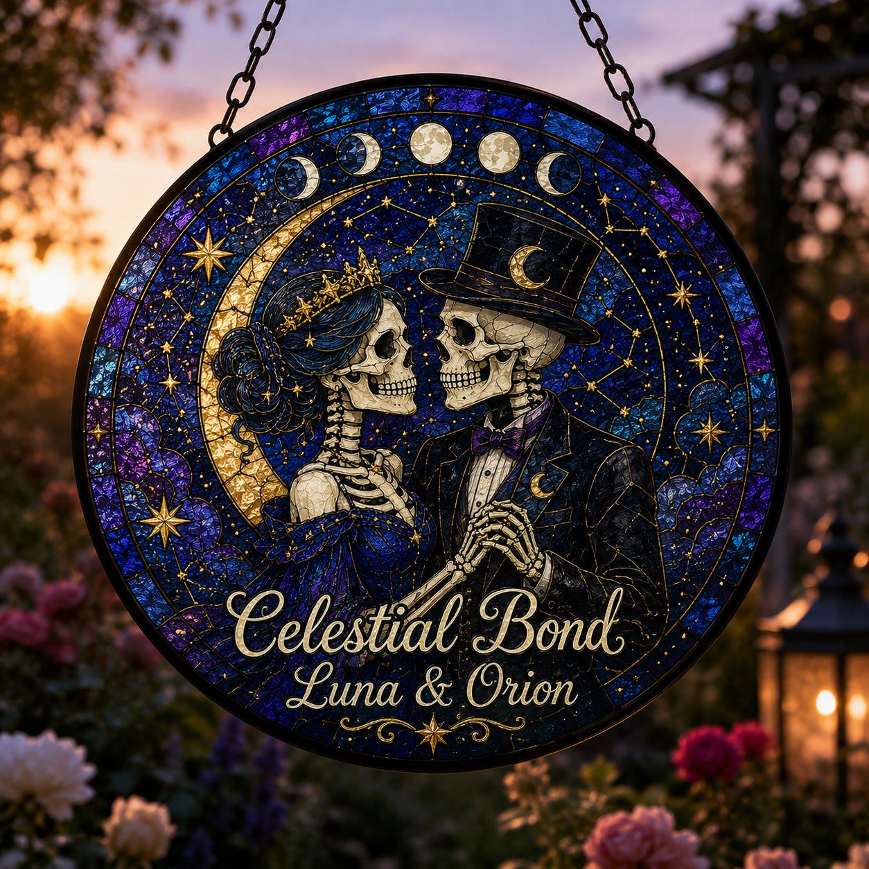 Custom Skull Couple Stained Glass Window Hanging