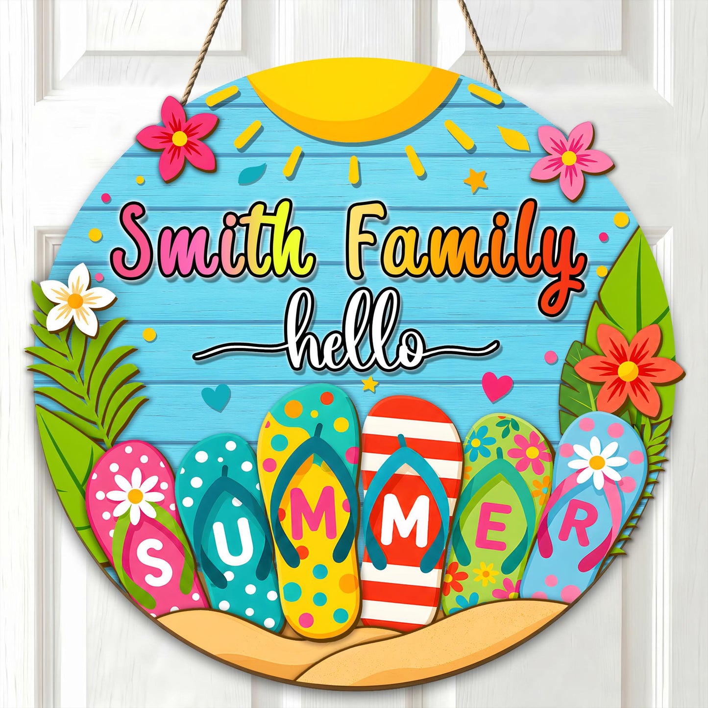 Custom Hello Summer Door Sign, Coastal Wooden Door Hanger