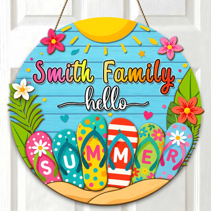 Custom Hello Summer Door Sign, Coastal Wooden Door Hanger