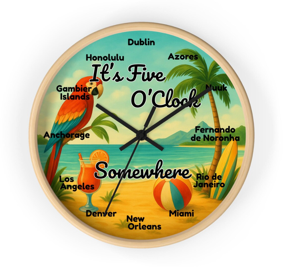 Custom Time Zone World Travel Wall Clock | It's 5 O'Clock Somewhere Bar Decor
