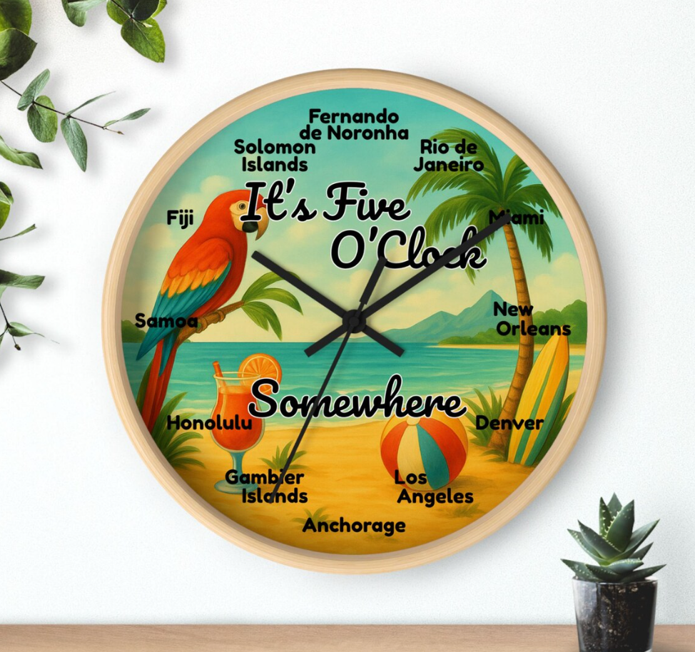 Custom Time Zone World Travel Wall Clock | It's 5 O'Clock Somewhere Bar Decor