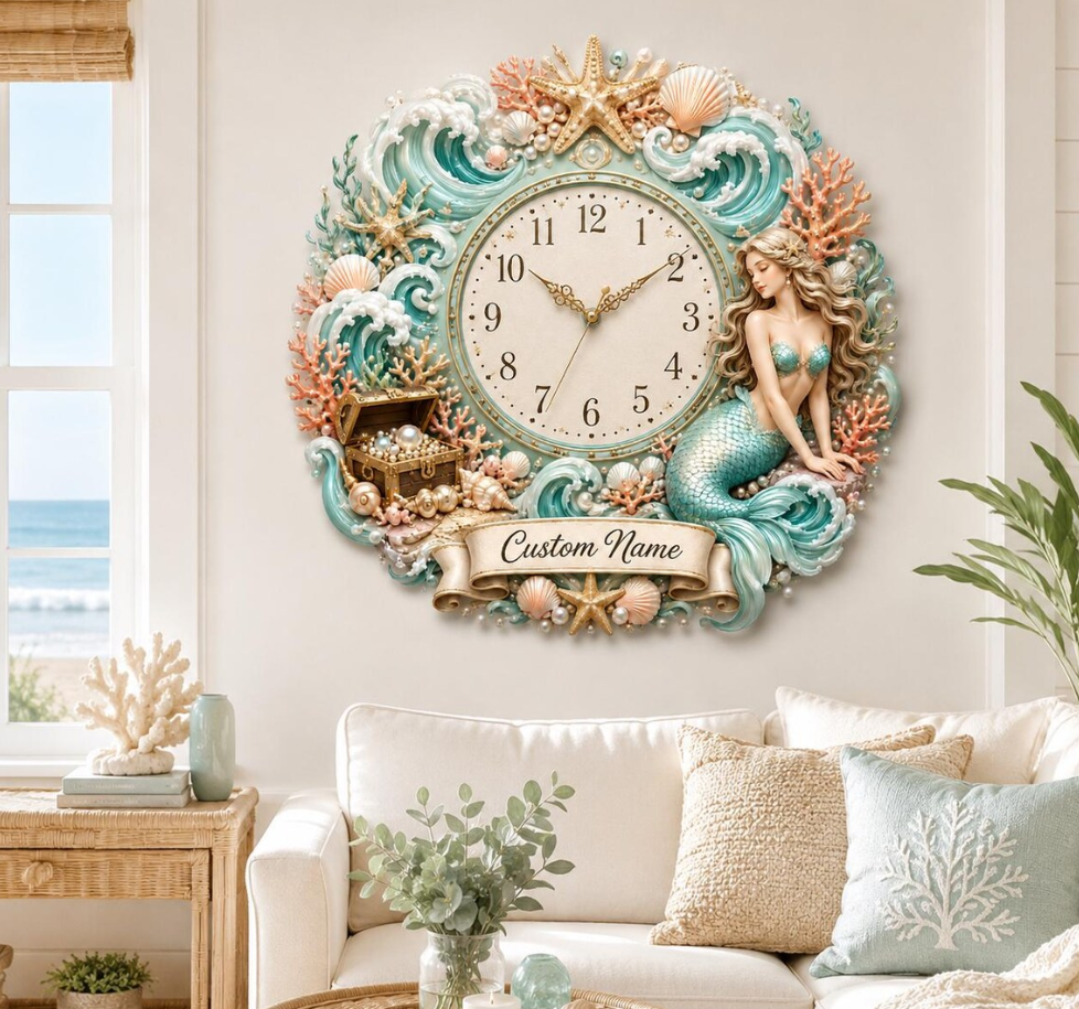Personalized Ocean Seashell Pearl Starfish Mermaid Wall Clock