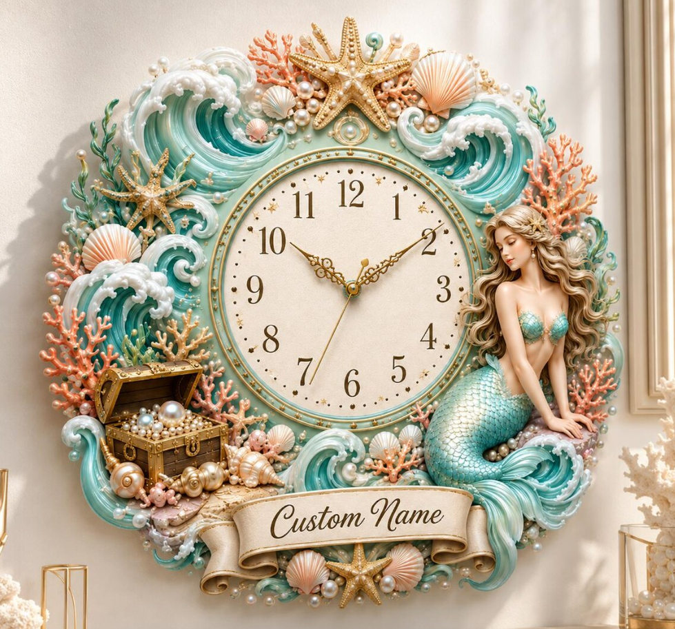 Personalized Ocean Seashell Pearl Starfish Mermaid Wall Clock