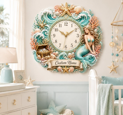 Personalized Ocean Seashell Pearl Starfish Mermaid Wall Clock