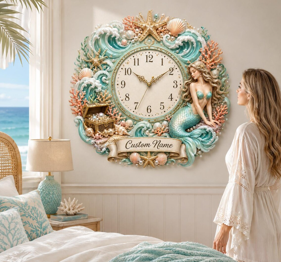 Personalized Ocean Seashell Pearl Starfish Mermaid Wall Clock