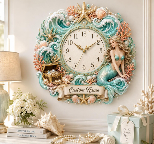 Personalized Ocean Seashell Pearl Starfish Mermaid Wall Clock