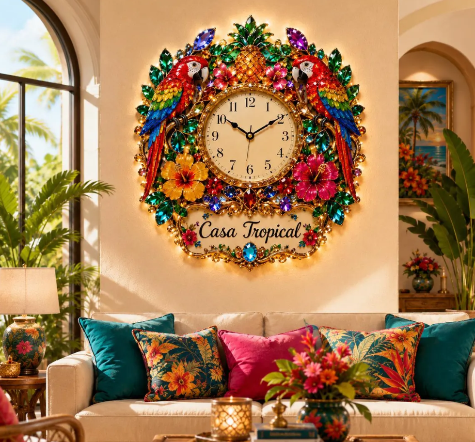 Personalized Tropical Parrot Wall Clock, Macaw Bird Lover Gift, Pineapple Floral Clock
