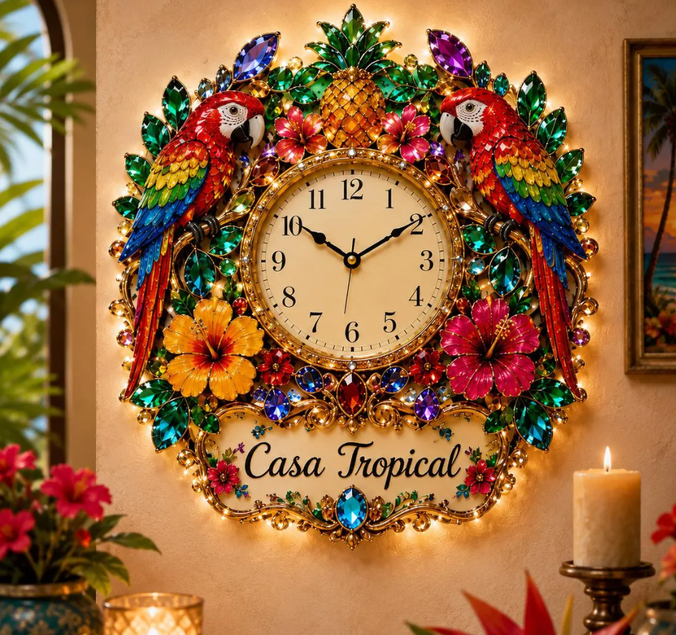 Personalized Tropical Parrot Wall Clock, Macaw Bird Lover Gift, Pineapple Floral Clock