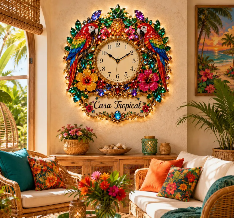 Personalized Tropical Parrot Wall Clock, Macaw Bird Lover Gift, Pineapple Floral Clock