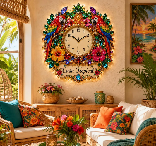 Personalized Tropical Parrot Wall Clock, Macaw Bird Lover Gift, Pineapple Floral Clock
