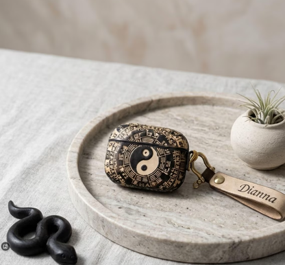 Personalized Bagua Diagram Black Leather Feng Shui Airpods Cover