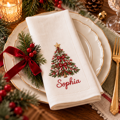 🎄 Personalized Christmas Embroidered Linen Napkin — A Place Just for You