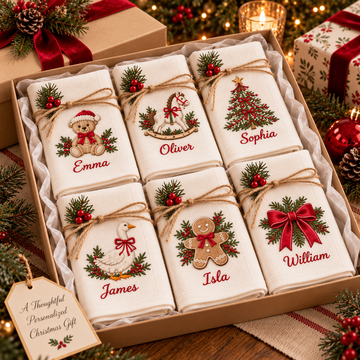 🎄 Personalized Christmas Embroidered Linen Napkin — A Place Just for You