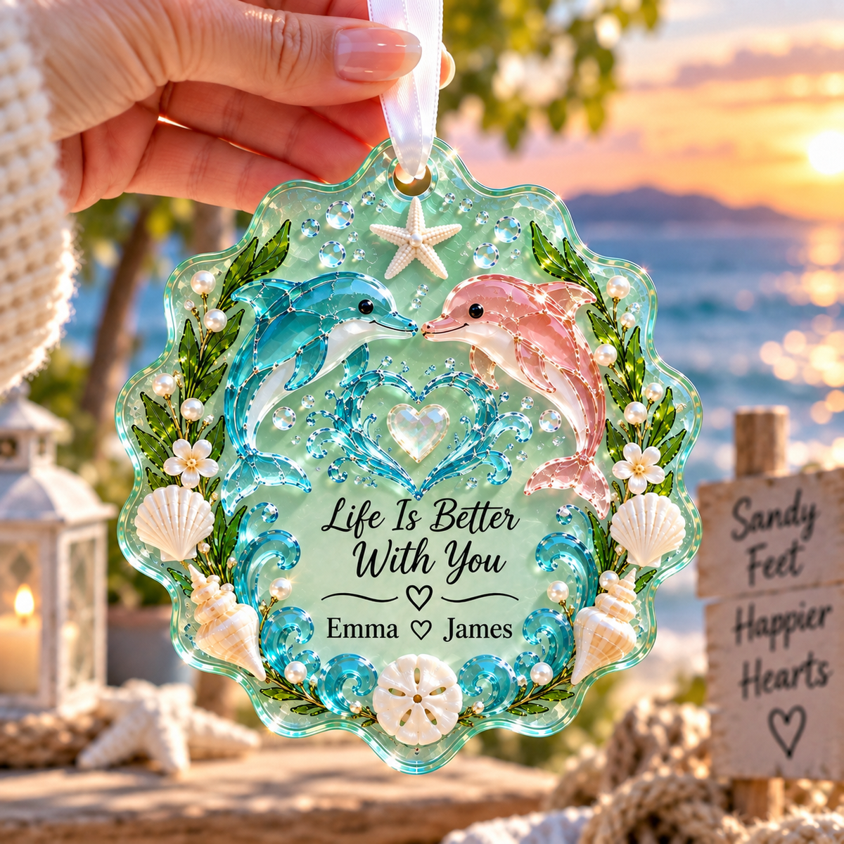 💙 Personalized Coastal Love Sea Glass Ornament