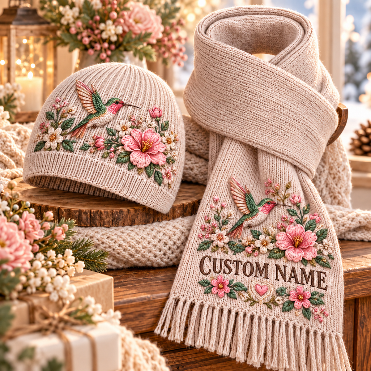 Personalized Floral Embroidered Hummingbird Winter Knit Beanie and Scarf Gift Set 🌸🎁