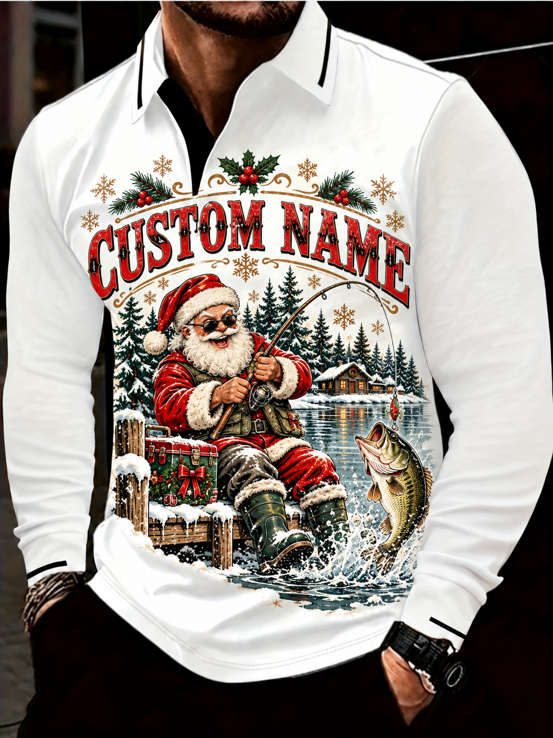 Personalized Santa Christmas Polo Shirt - Custom Name Men’s Long Sleeve Holiday Shirt 🎅🎄