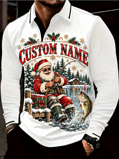 Personalized Santa Christmas Polo Shirt - Custom Name Men’s Long Sleeve Holiday Shirt 🎅🎄