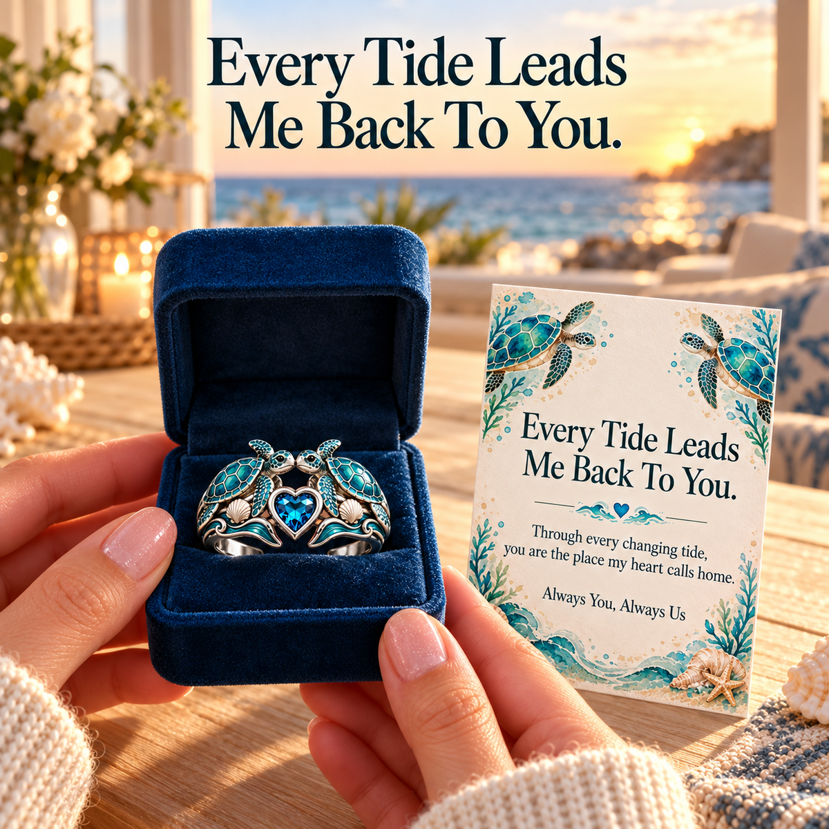 🐢💙Double Sea Turtle Blue Heart Ring – Two Turtles, One Love