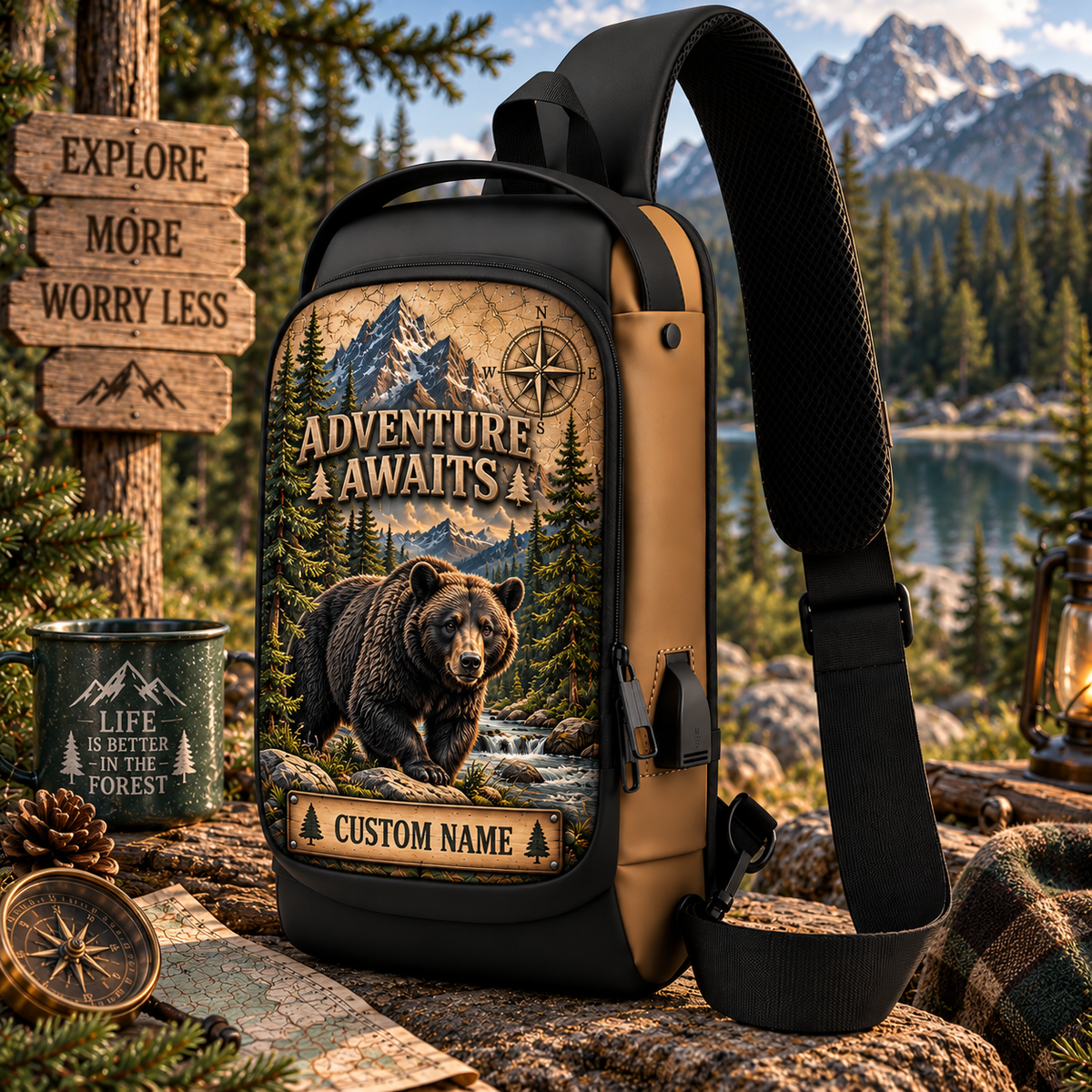 🎒 Personalized Adventure Sling Bag - Custom Name Outdoor Crossbody Chest Bag