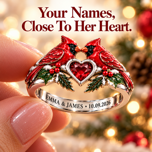 💞Personalized Double Cardinal Heart Ring – Engraved Names & Date🐦