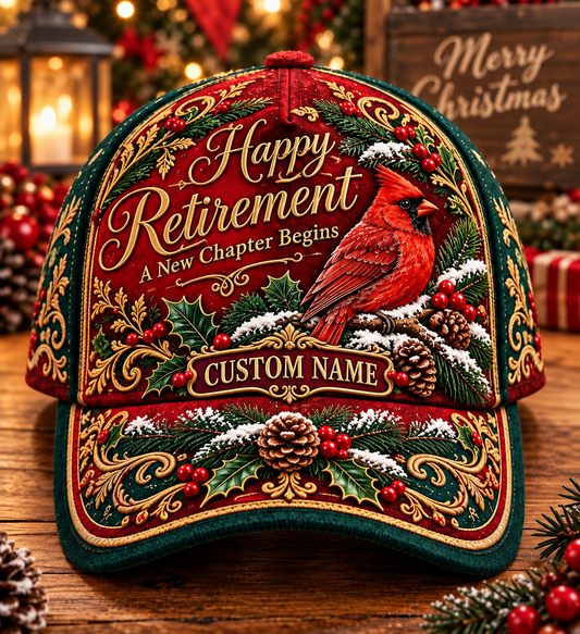 🎄Personalized Happy Retirement Cardinal Christmas Art Vintage Casual Baseball Cap🧢