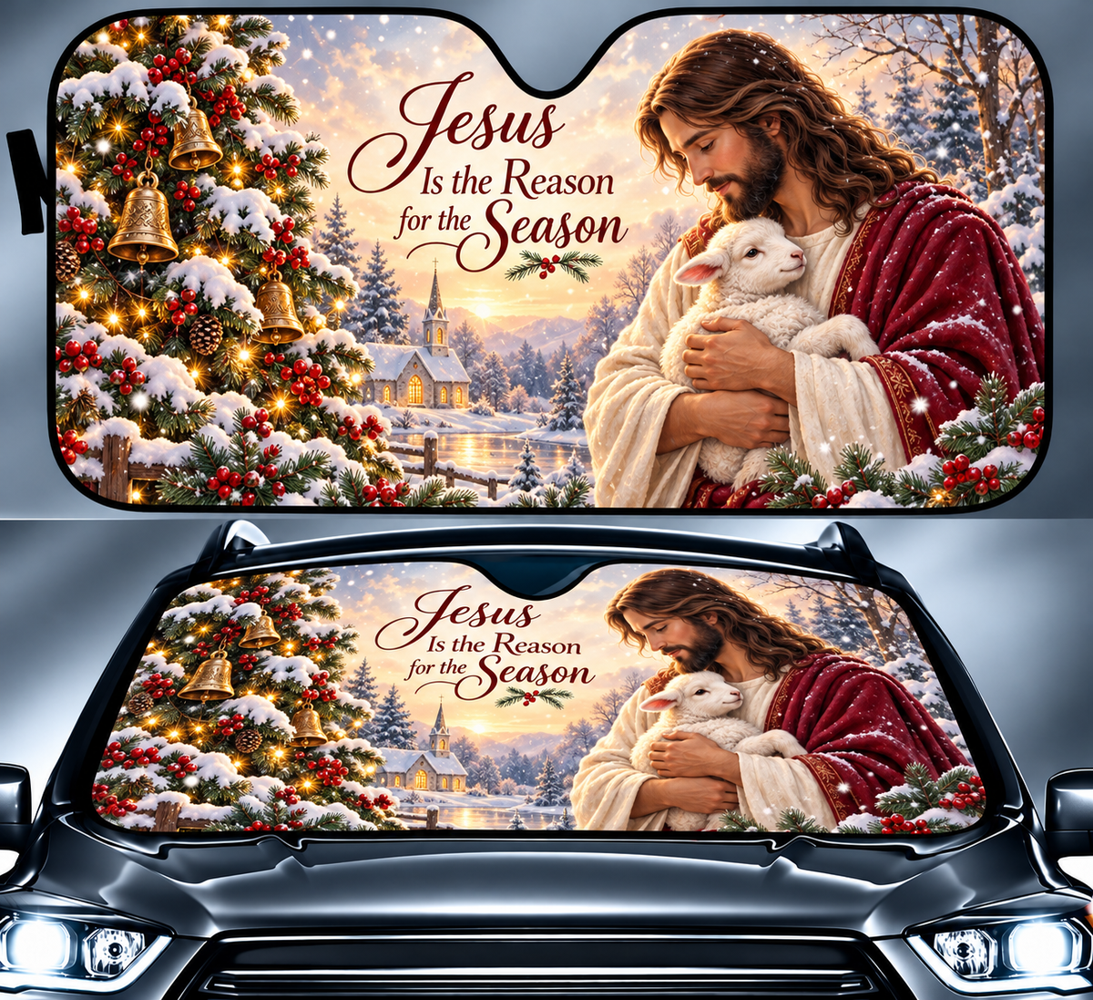 🎄Jesus & Lamb Christmas Windshield Sunshade – Jesus Is the Reason for the Season