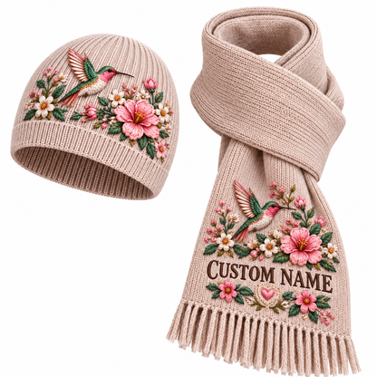 Personalized Floral Embroidered Hummingbird Winter Knit Beanie and Scarf Gift Set 🌸🎁